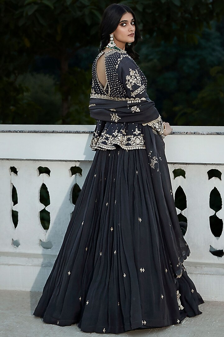 British Grey Georgette Organza Embroidered Wedding Lehenga Set by Matsya at Pernia's Pop Up Shop
