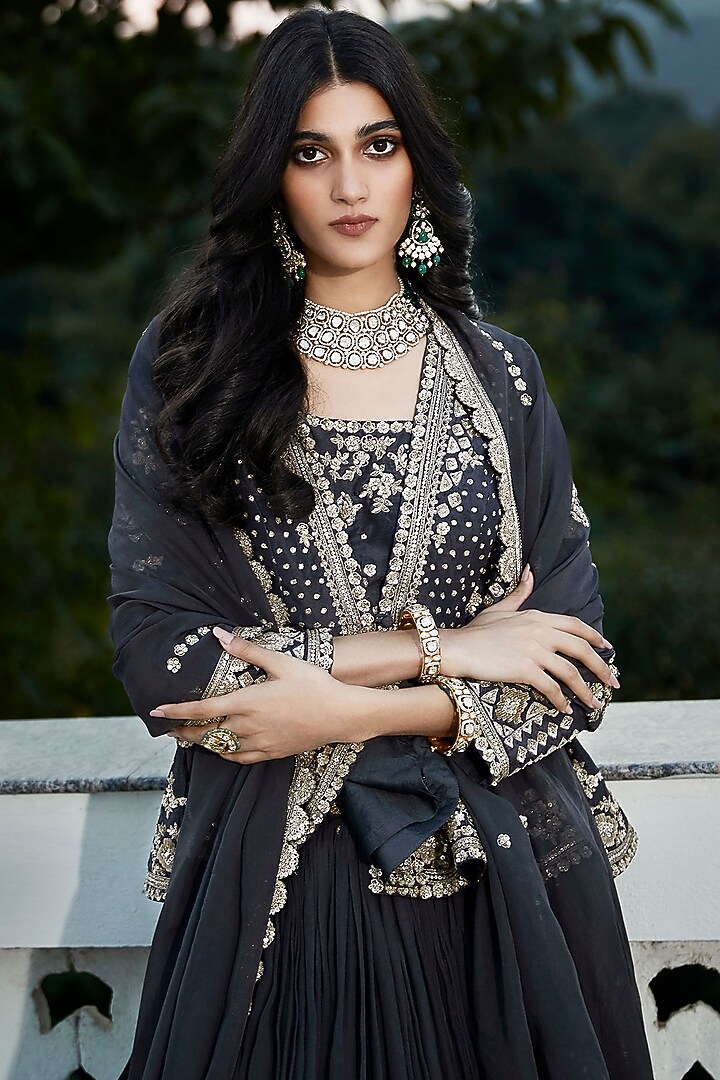 British Grey Georgette Organza Embroidered Wedding Lehenga Set by Matsya at Pernia's Pop Up Shop