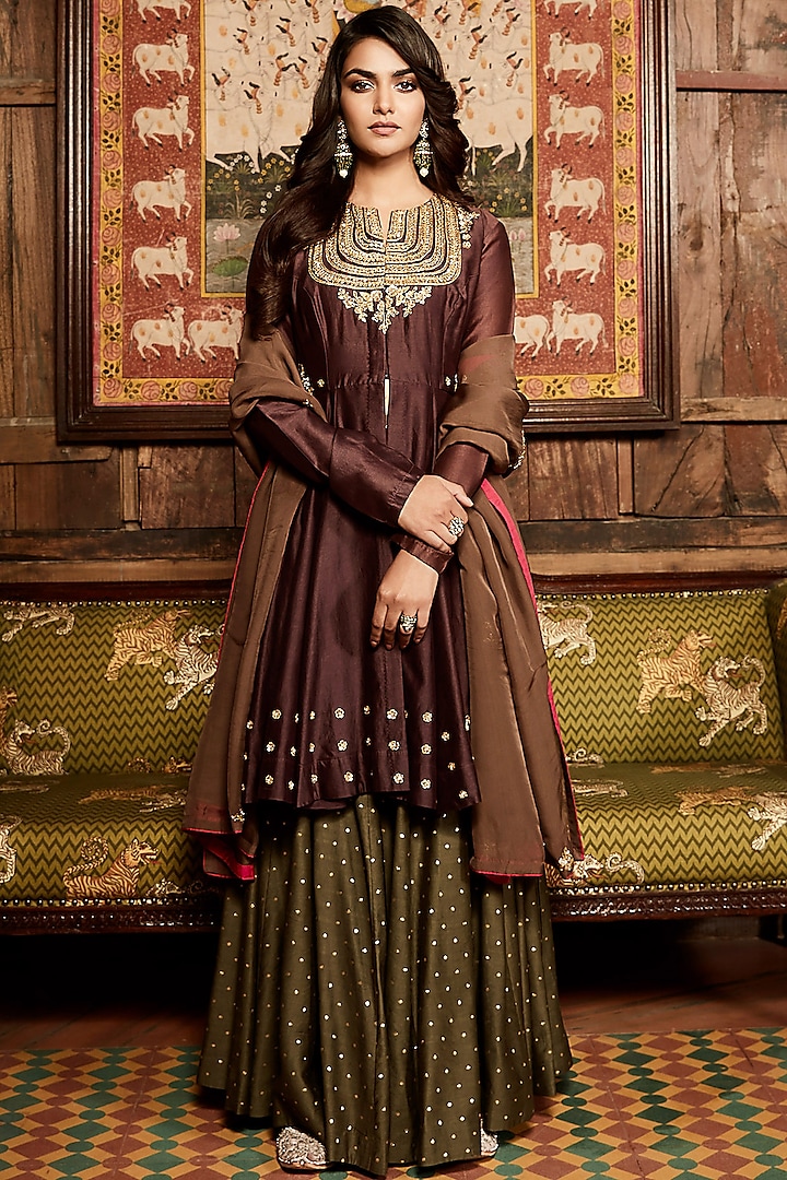 Plum Chanderi Silk Embroidered Anarkali Set by Matsya