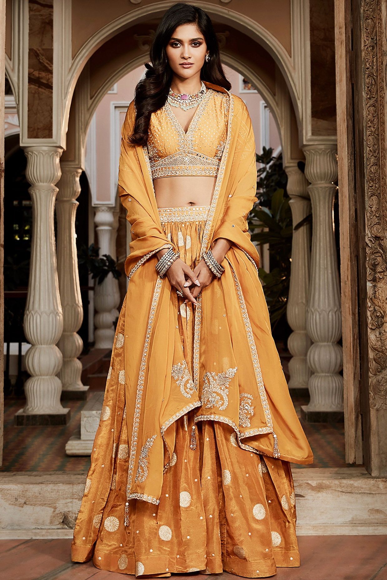 Brown Color Gorgeous Banarasi Silk Weaving Work Lehenga
