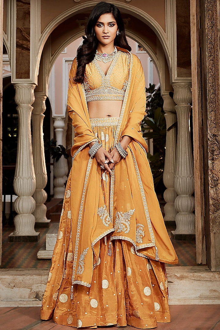 Yellow Tissue Banarasi Wedding Lehenga Set by Matsya at Pernia's Pop Up Shop