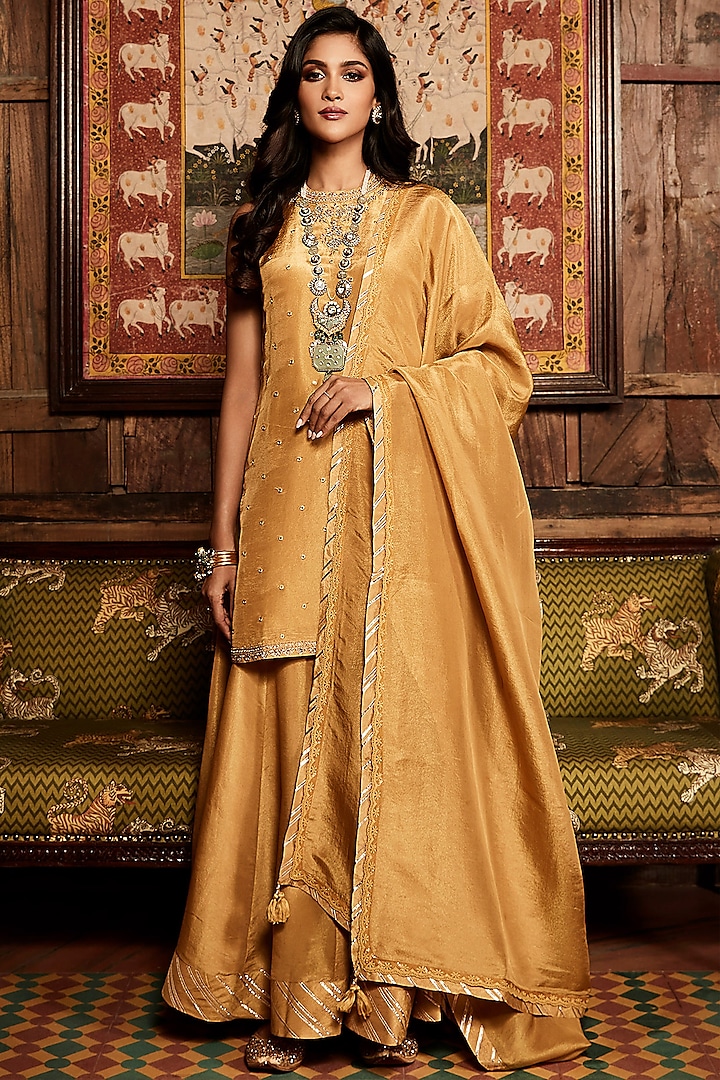 Mustard Georgette Tissue Sharara Set by Matsya