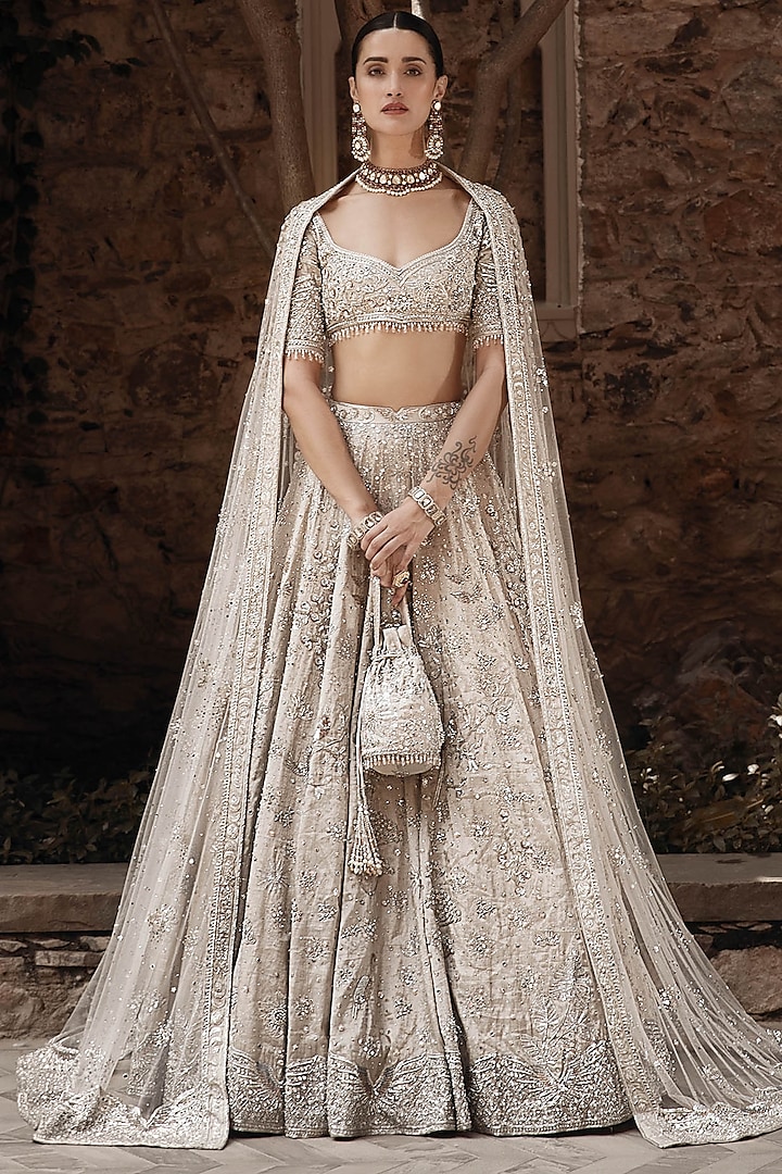 Beige Tissue Nakshi & Swarovski Hand Embroidered Bridal Lehenga Set by Matsya at Pernia's Pop Up Shop