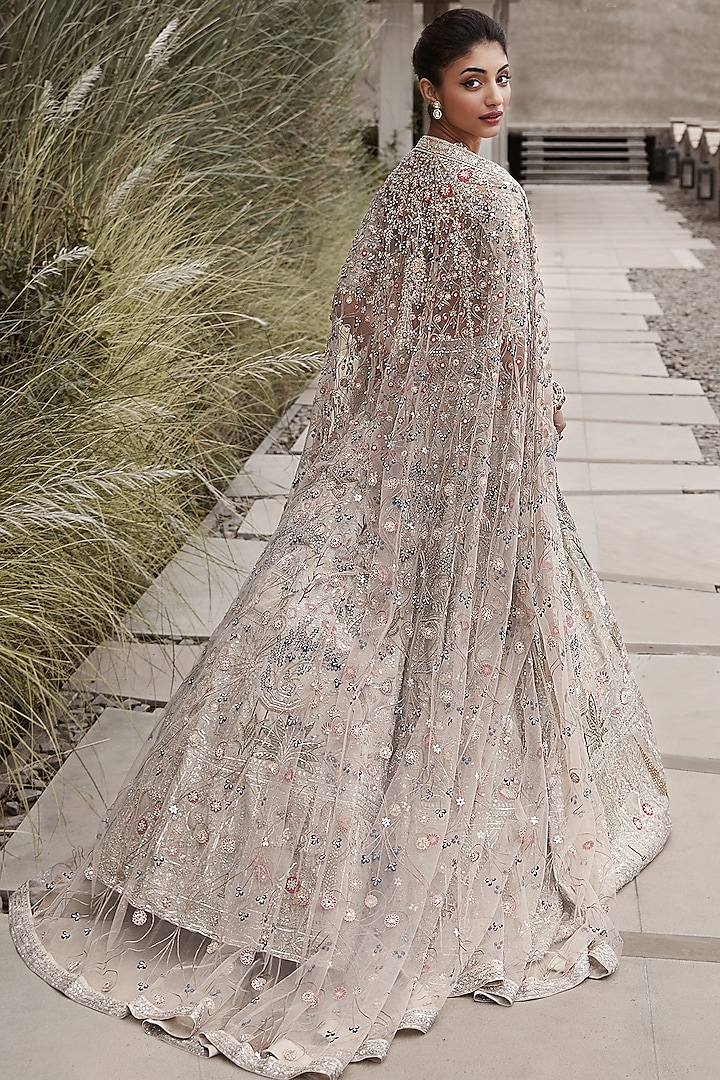 Silver Tissue Sequins & Dabka Hand Embroidered Bridal Lehenga Set by Matsya at Pernia's Pop Up Shop