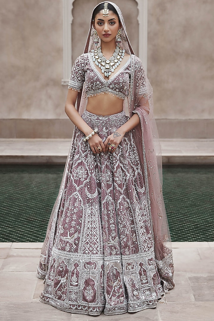 Pink Velvet Nakshi & Swarovski Hand Embroidered Bridal Lehenga Set by Matsya at Pernia's Pop Up Shop