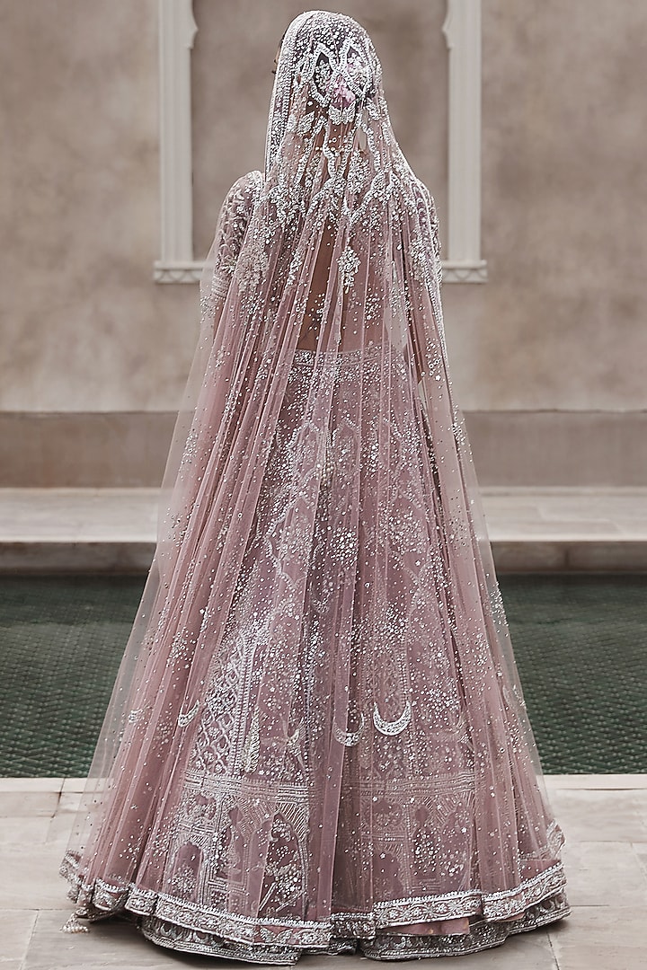 Pink Velvet Nakshi & Swarovski Hand Embroidered Bridal Lehenga Set by Matsya at Pernia's Pop Up Shop