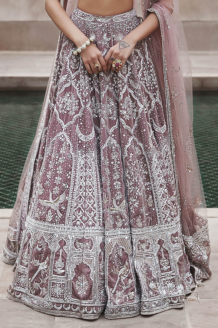 Pink Velvet Nakshi & Swarovski Hand Embroidered Bridal Lehenga Set by Matsya at Pernia's Pop Up Shop