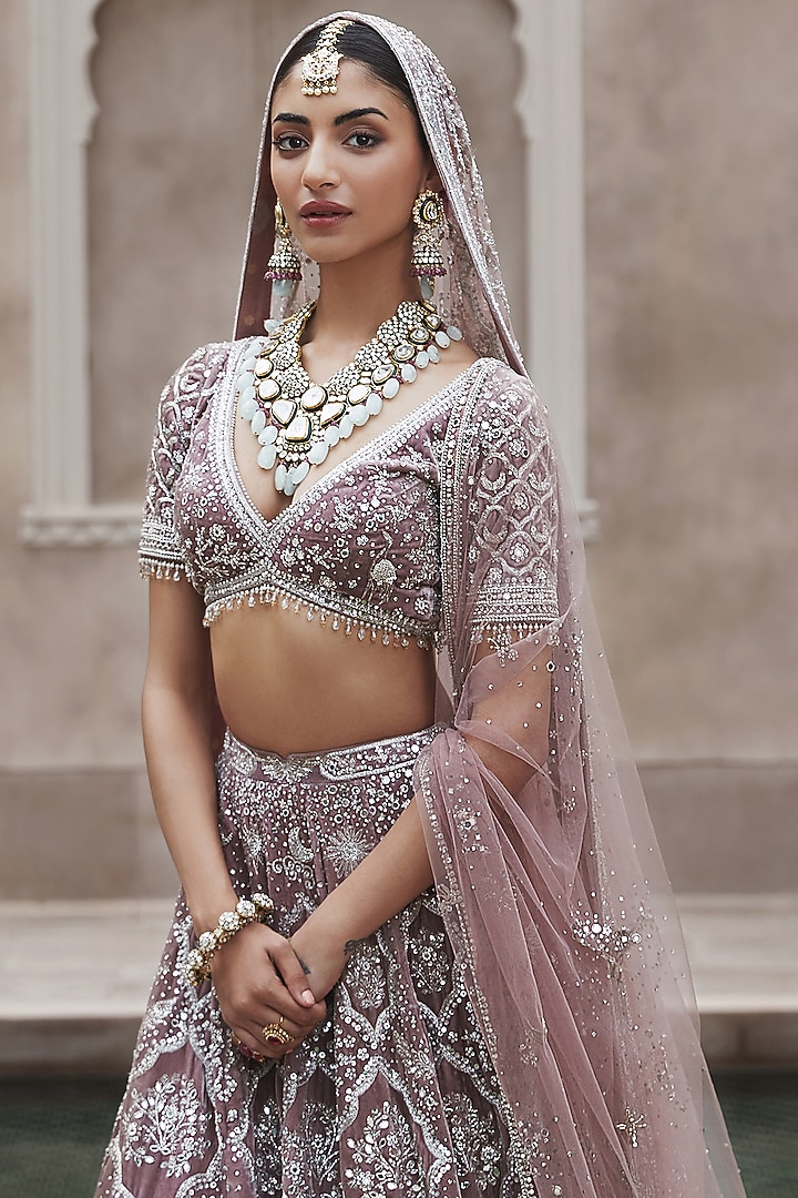 Pink Velvet Nakshi & Swarovski Hand Embroidered Bridal Lehenga Set by Matsya at Pernia's Pop Up Shop