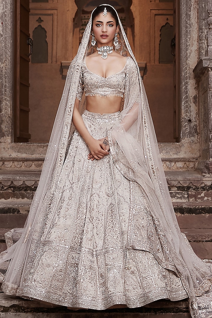 Beige Tissue Dabka & Nakshi Hand Embroidered Bridal Lehenga Set by Matsya at Pernia's Pop Up Shop