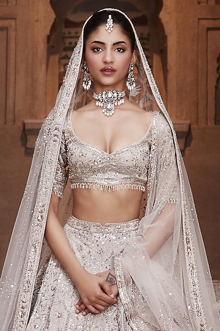Beige Tissue Dabka & Nakshi Hand Embroidered Bridal Lehenga Set by Matsya at Pernia's Pop Up Shop