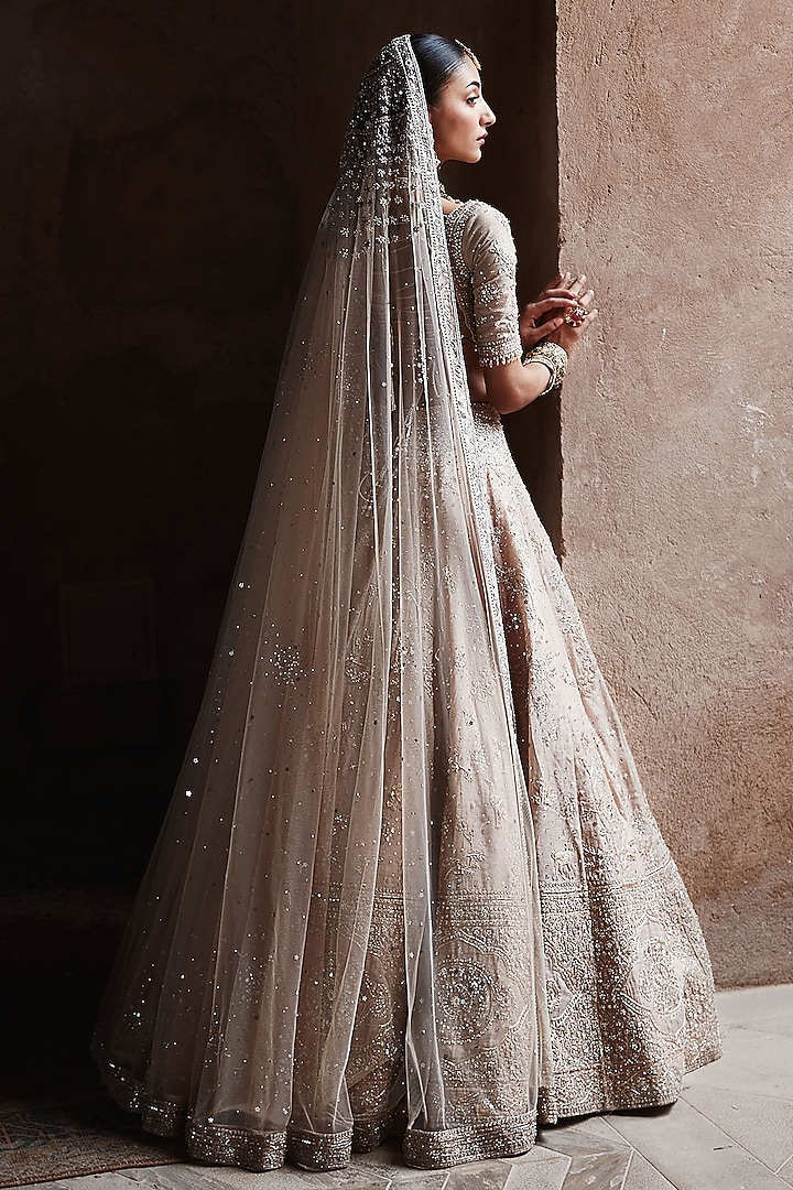 Peach Tissue Dabka & Sequins Hand Embroidered Bridal Lehenga Set by Matsya at Pernia's Pop Up Shop