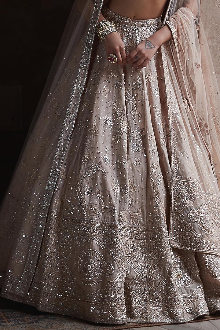 Peach Tissue Dabka & Sequins Hand Embroidered Bridal Lehenga Set by Matsya at Pernia's Pop Up Shop