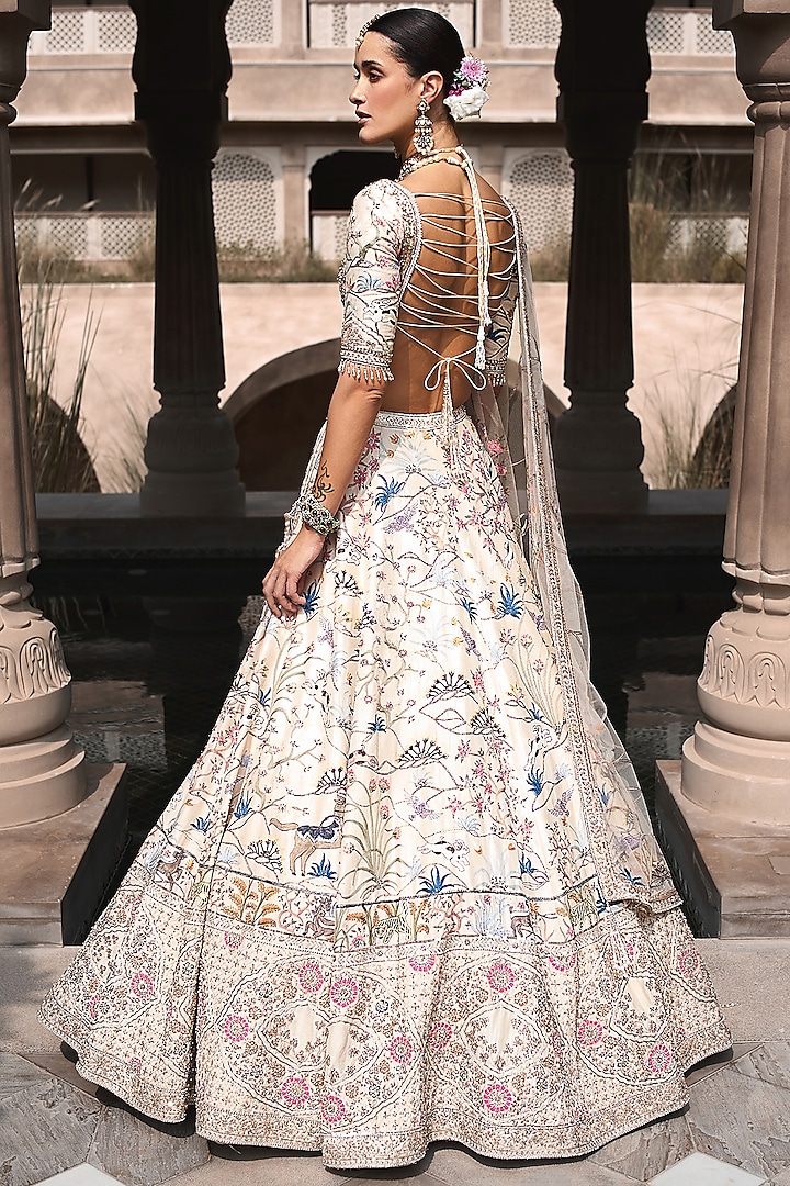 Ivory Silk Resham & Aari Hand Embroidered Bridal Lehenga Set by Matsya at Pernia's Pop Up Shop