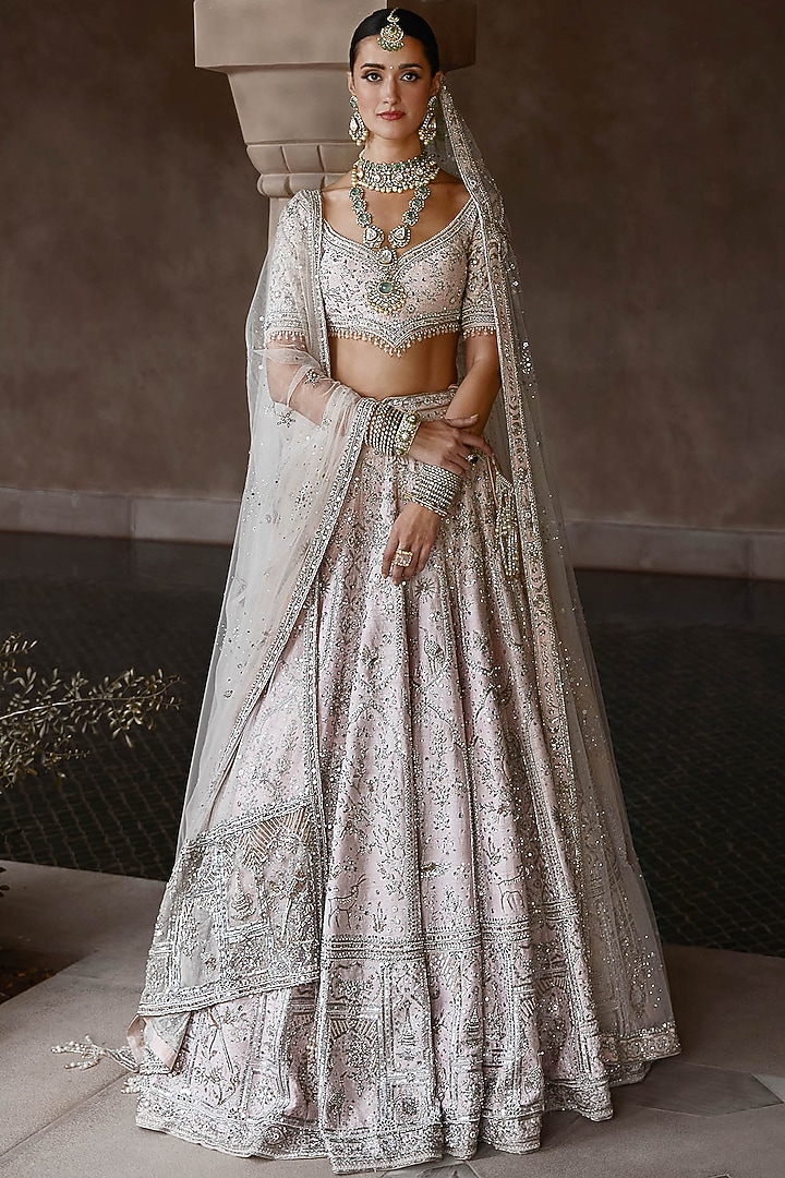 Baby Pink Raw Silk Dabka & Nakshi Hand Embroidered Bridal Lehenga Set by Matsya at Pernia's Pop Up Shop
