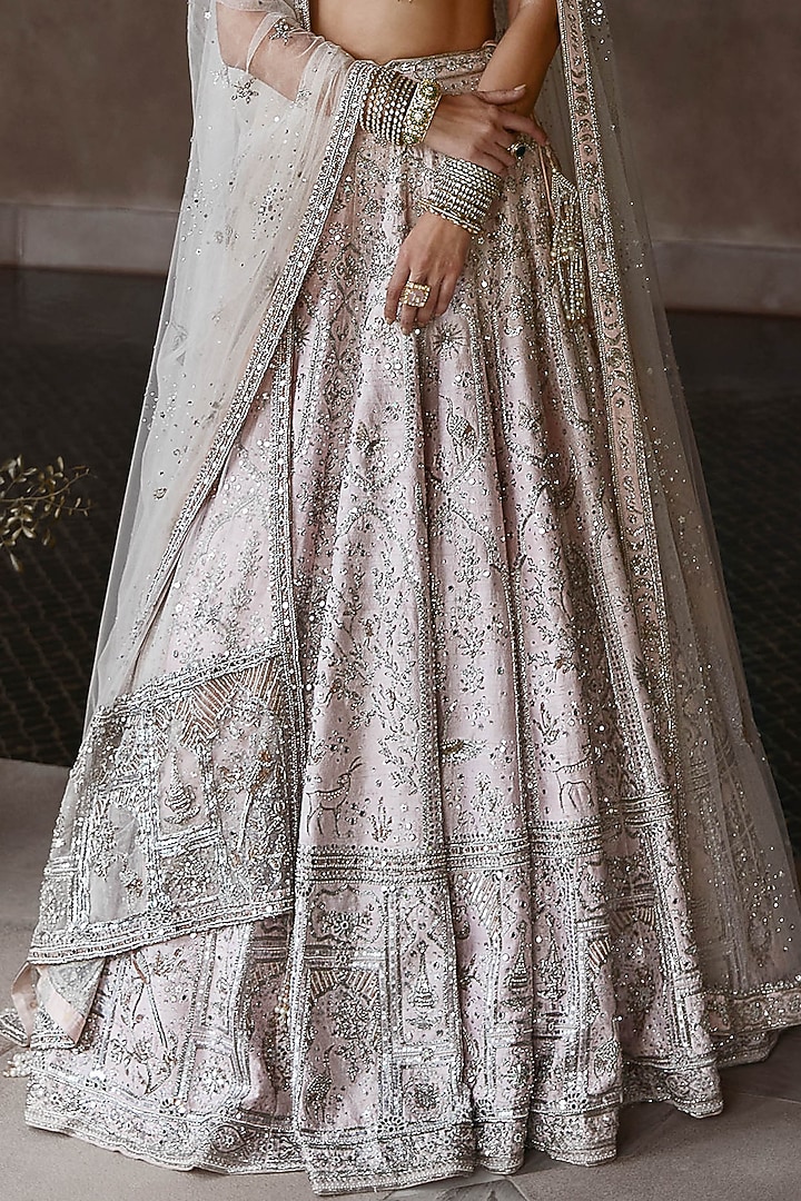 Baby Pink Raw Silk Dabka & Nakshi Hand Embroidered Bridal Lehenga Set by Matsya at Pernia's Pop Up Shop