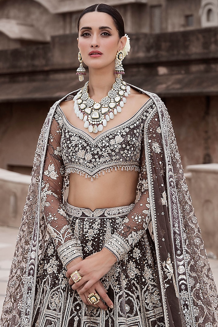 Charcoal Velvet Nakshi & Dori Hand Embroidered Bridal Lehenga Set by Matsya at Pernia's Pop Up Shop