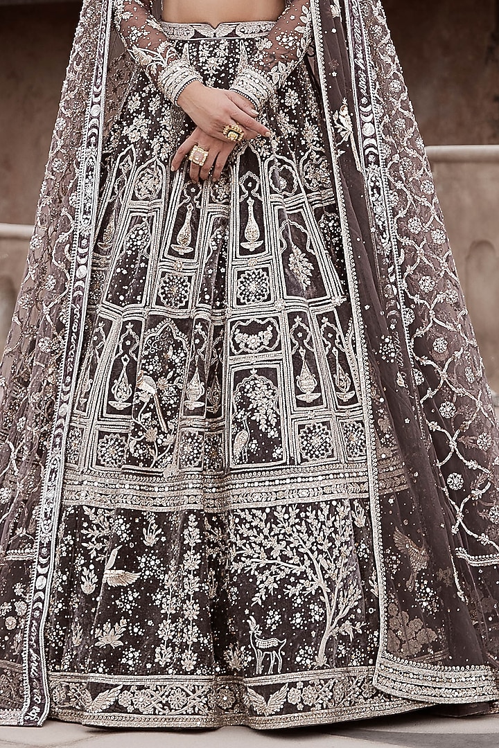 Charcoal Velvet Nakshi & Dori Hand Embroidered Bridal Lehenga Set by Matsya at Pernia's Pop Up Shop