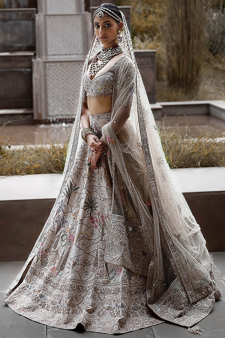 Off-White Raw Silk Dori & Zardosi Hand Embroidered Bridal Lehenga Set by Matsya at Pernia's Pop Up Shop