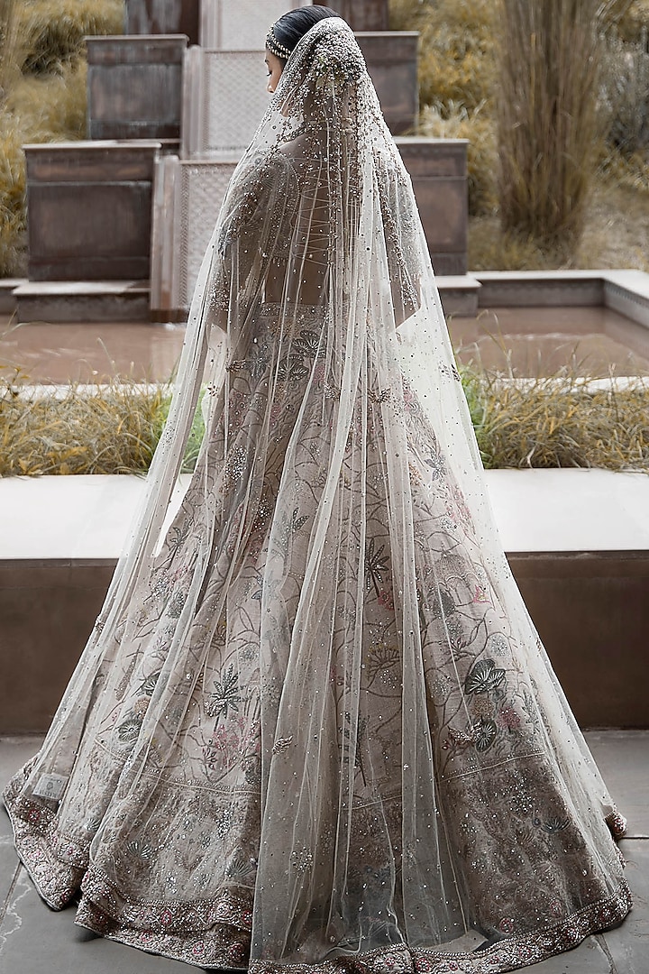 Off-White Raw Silk Dori & Zardosi Hand Embroidered Bridal Lehenga Set by Matsya at Pernia's Pop Up Shop