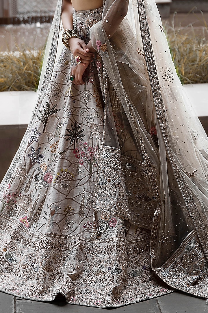 Off-White Raw Silk Dori & Zardosi Hand Embroidered Bridal Lehenga Set by Matsya at Pernia's Pop Up Shop
