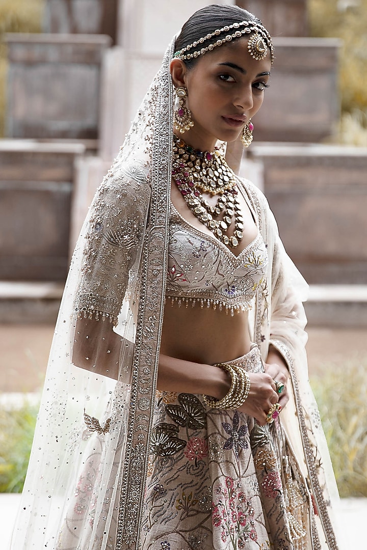 Off-White Raw Silk Dori & Zardosi Hand Embroidered Bridal Lehenga Set by Matsya at Pernia's Pop Up Shop