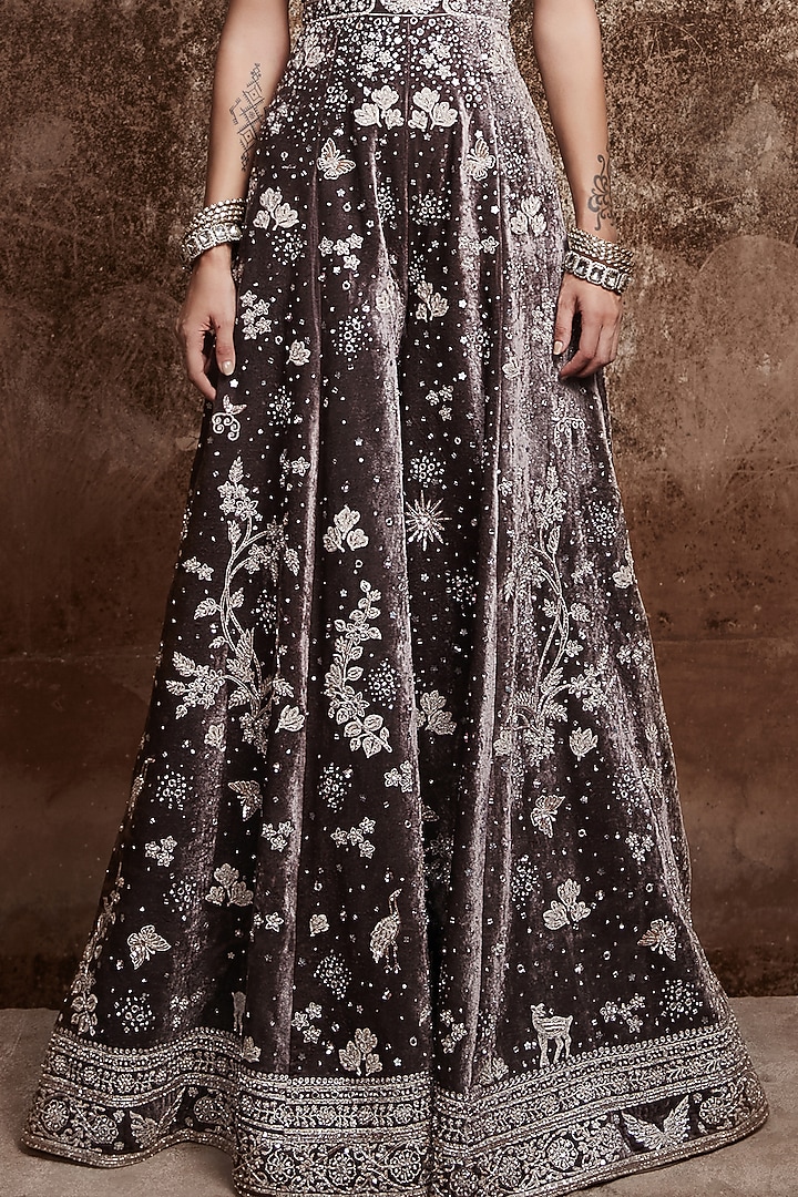 Charcoal Velvet Nakshi & Dabka Hand Embroidered Jumpsuit by Matsya at Pernia's Pop Up Shop
