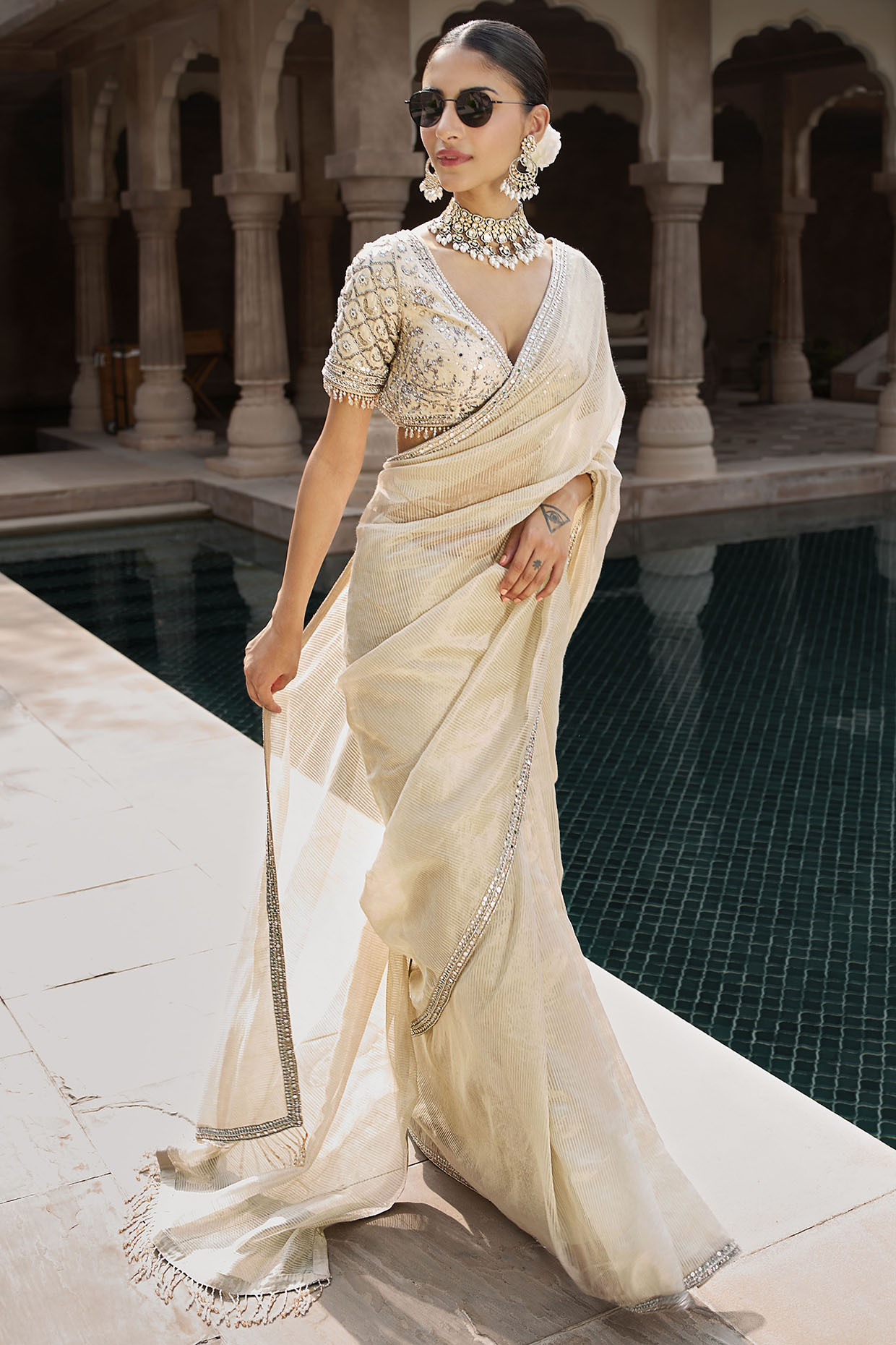 South Indian Style Off White Weaving Work Lehenga