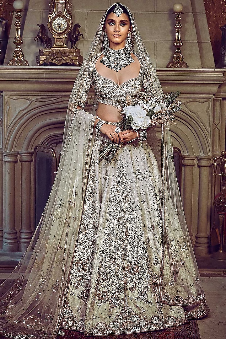 Ivory Raw Silk Zardosi Embroidered Bridal Lehenga Set by Matsya at Pernia's Pop Up Shop