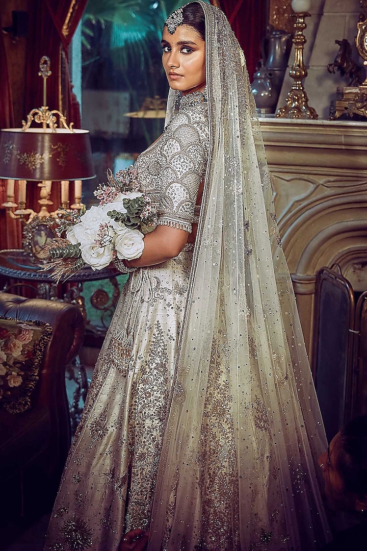 Ivory Raw Silk Zardosi Embroidered Bridal Lehenga Set by Matsya at Pernia's Pop Up Shop
