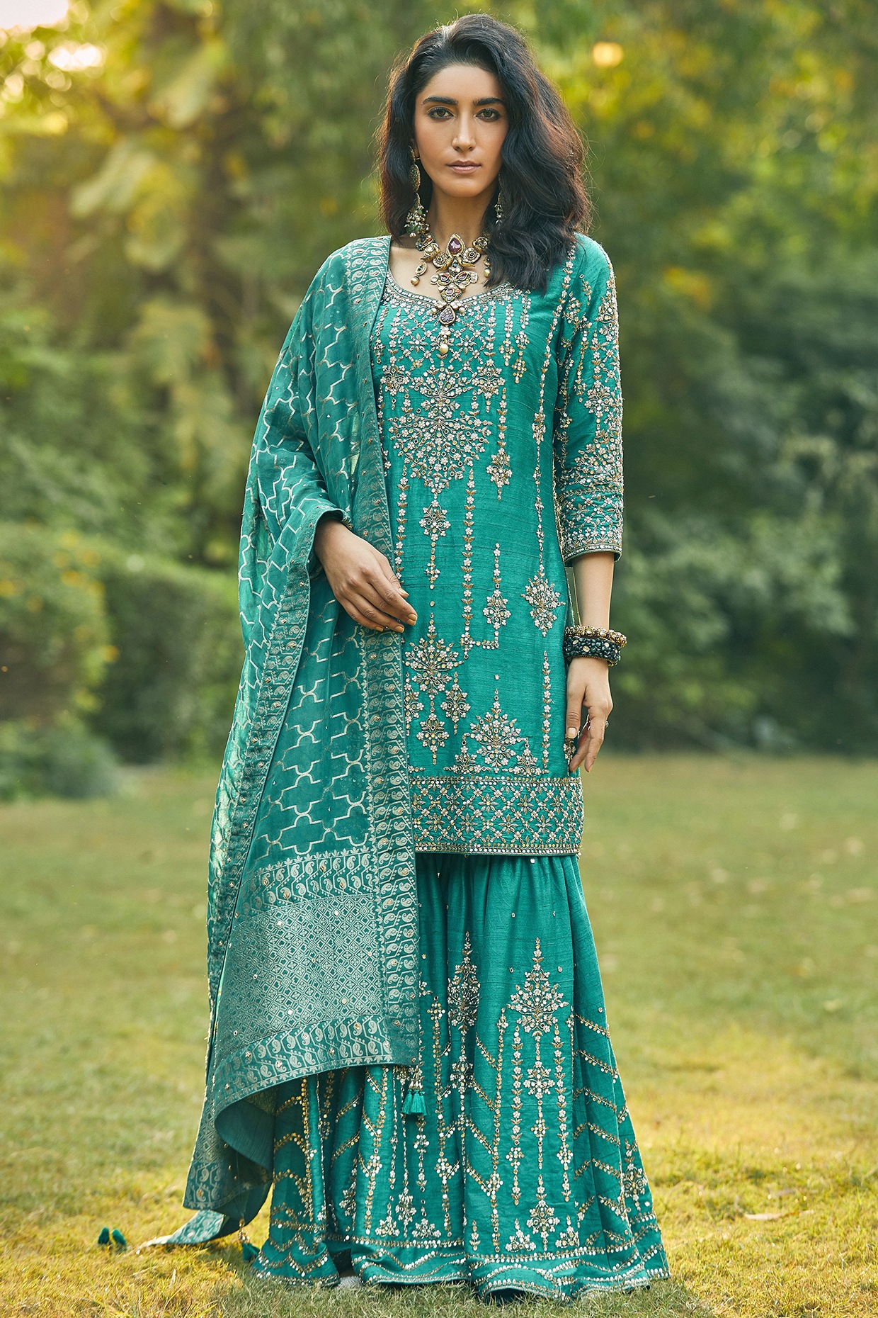 Turquoise Embroidered Sharara Pant Set 