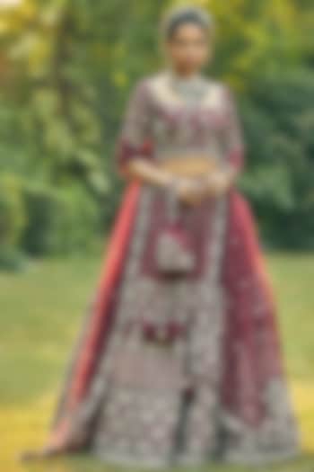 Wine Embroidered Bridal Lehenga Set With Potli by Matsya at Pernia's Pop Up Shop