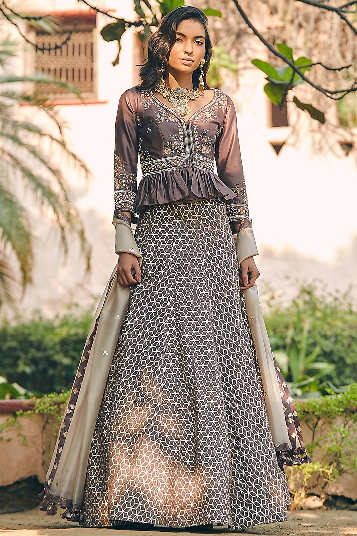 Dull Gold & Brown Embroidered Wedding Lehenga Set by Matsya at Pernia's Pop Up Shop