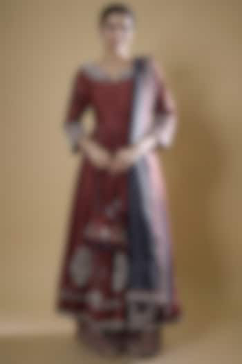 Maroon Chanderi Hand Embroidered Wedding Anarkali Set by Matsya at Pernia's Pop Up Shop