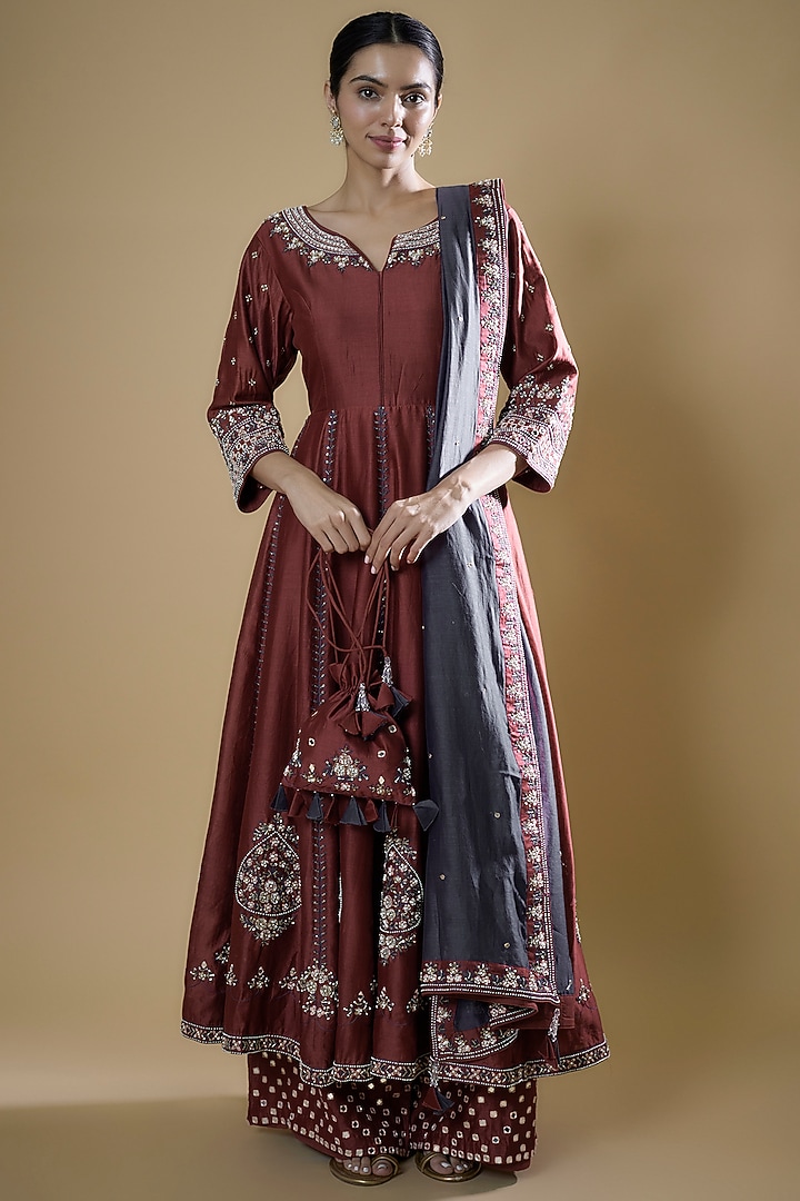 Maroon Chanderi Hand Embroidered Wedding Anarkali Set by Matsya at Pernia's Pop Up Shop