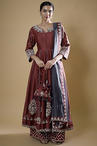 Maroon Chanderi Hand Embroidered Anarkali Set by Matsya