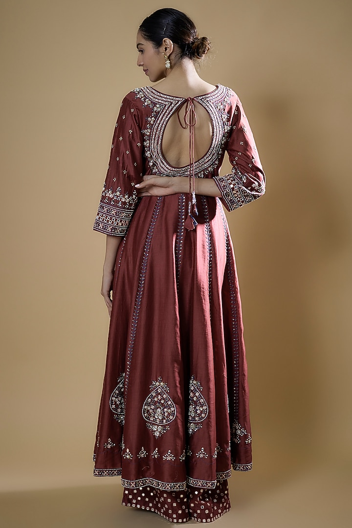 Maroon Chanderi Hand Embroidered Wedding Anarkali Set by Matsya at Pernia's Pop Up Shop