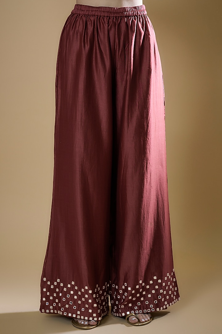 Maroon Chanderi Hand Embroidered Wedding Anarkali Set by Matsya at Pernia's Pop Up Shop