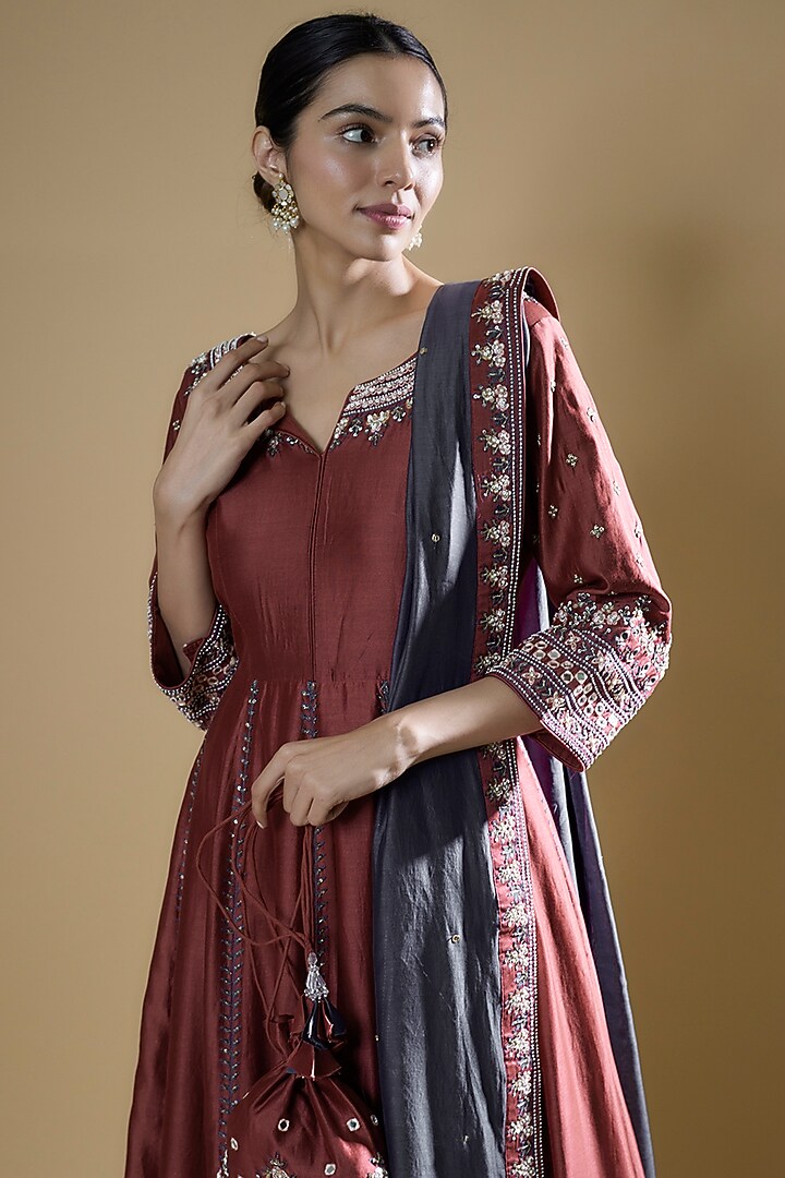 Maroon Chanderi Hand Embroidered Wedding Anarkali Set by Matsya at Pernia's Pop Up Shop