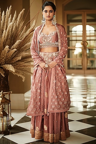 Old Rose Hand Embroidered Lehenga Set by Matsya