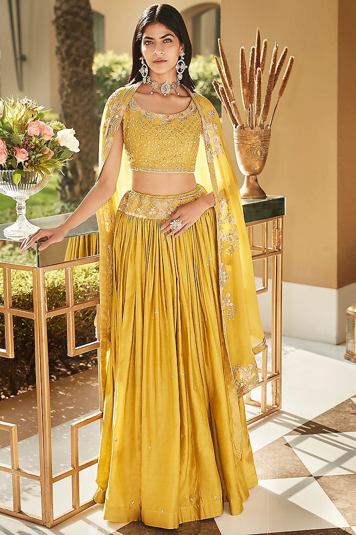 Citrus Yellow Hand Embroidered Cape Set by Matsya