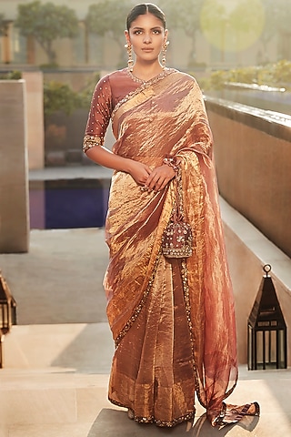 Old Rose Hand Embroidered Saree Set by Matsya