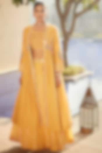 Haldi Yellow Hand Embroidered Jacket Wedding Lehenga Set by Matsya at Pernia's Pop Up Shop