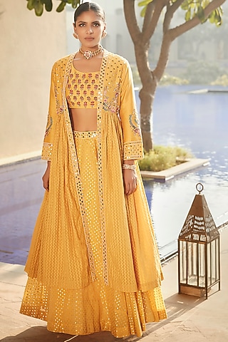 Haldi Yellow Hand Embroidered Jacket Lehenga Set by Matsya