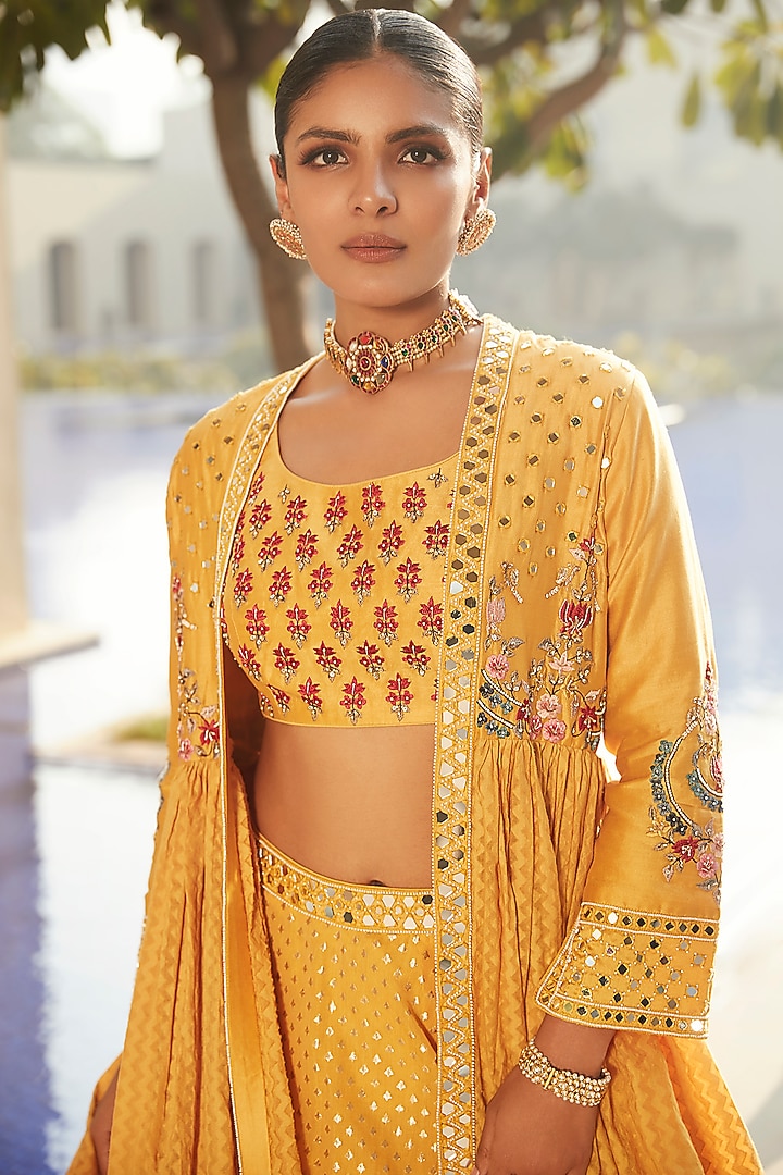 Haldi Yellow Hand Embroidered Jacket Wedding Lehenga Set by Matsya at Pernia's Pop Up Shop