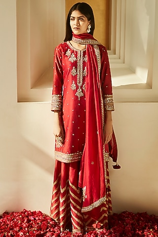 Burnt Red Hand Embroidered Sharara Set by Matsya
