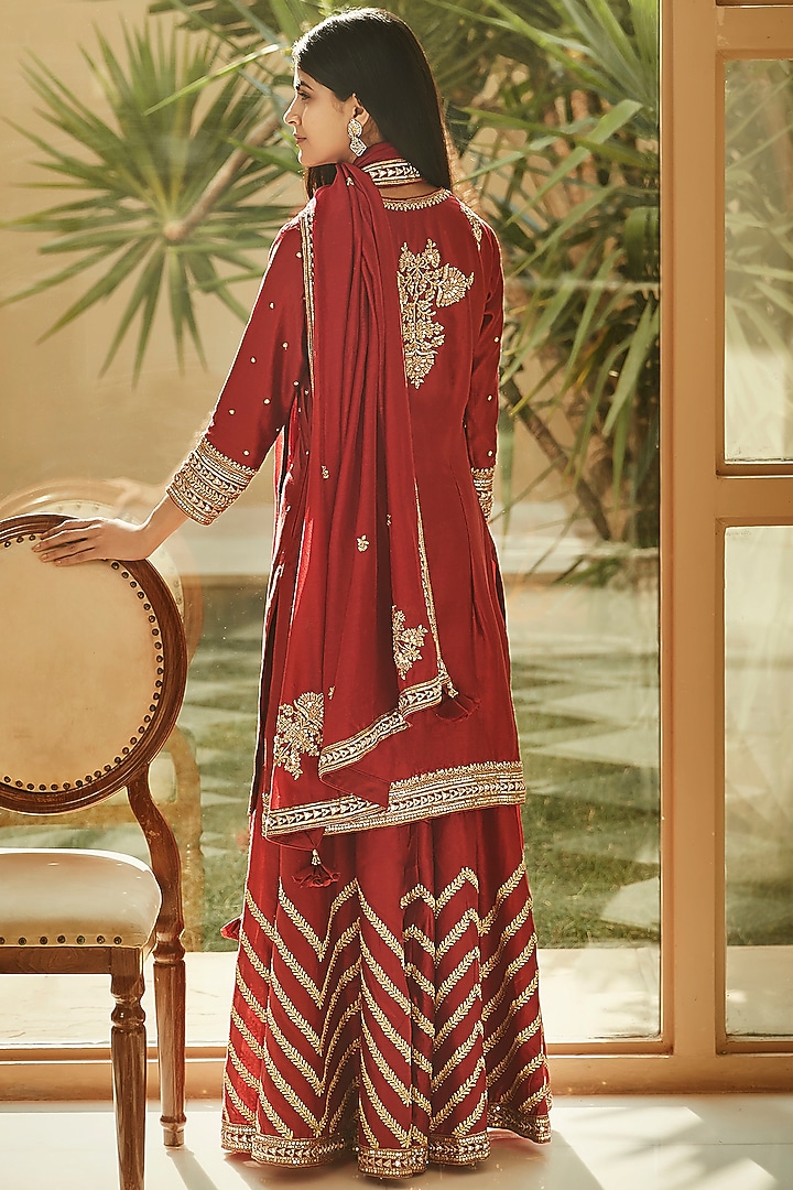 Burnt Red Hand Embroidered Wedding Sharara Set by Matsya at Pernia's Pop Up Shop