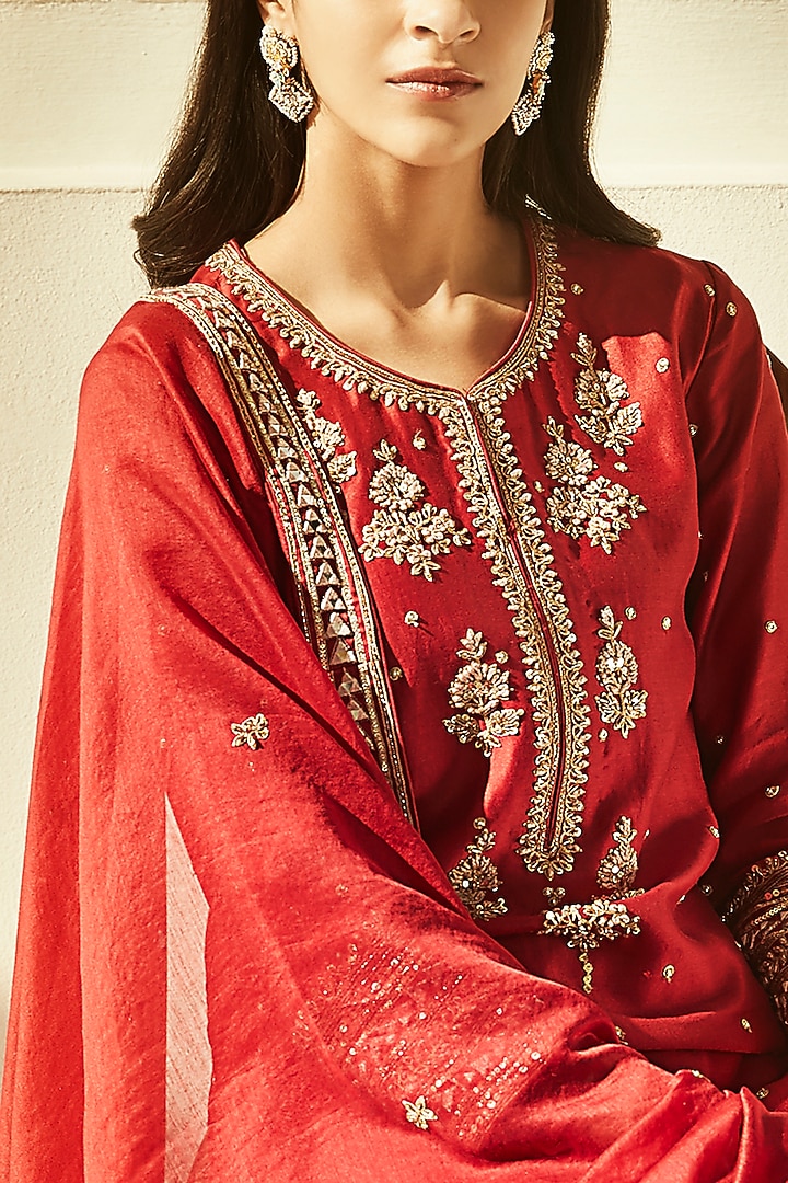 Burnt Red Hand Embroidered Wedding Sharara Set by Matsya at Pernia's Pop Up Shop