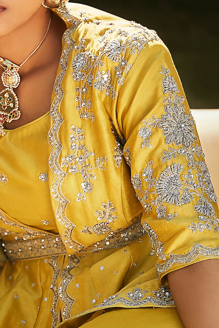 Citrus Yellow Hand Embroidered Jacket Set by Matsya at Pernia's Pop Up Shop