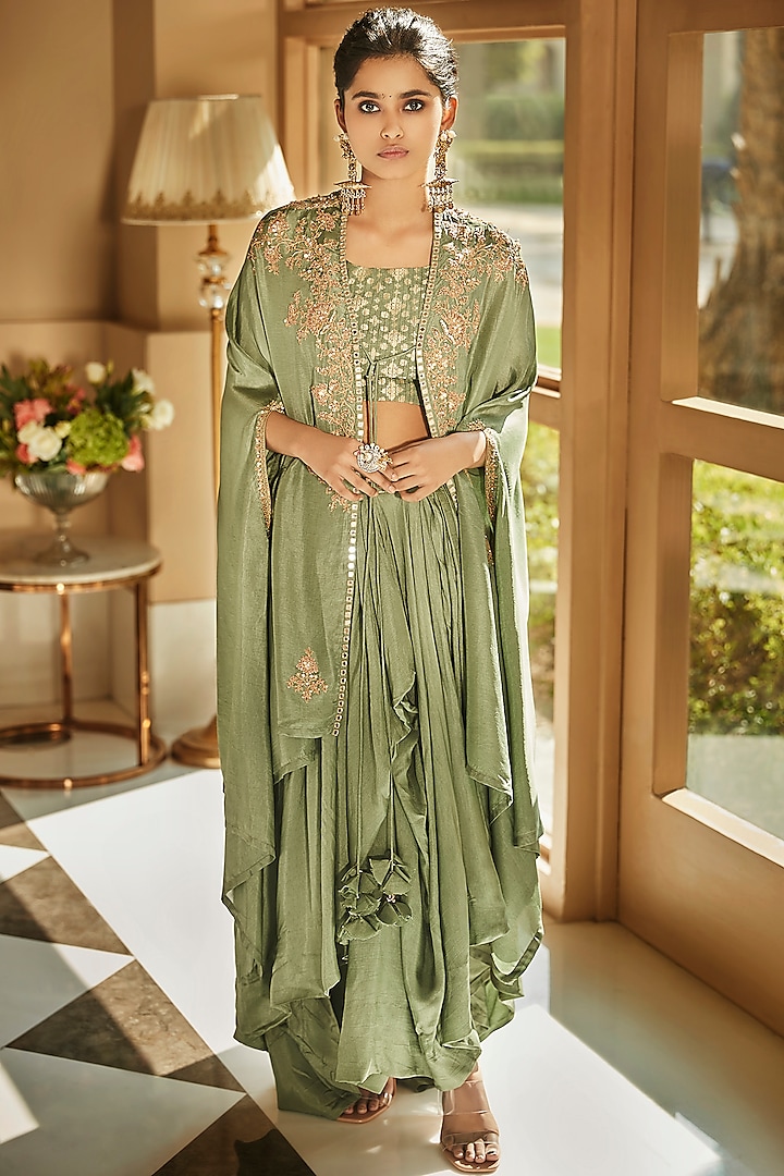 Jade Green Hand Embroidered Cape Set by Matsya