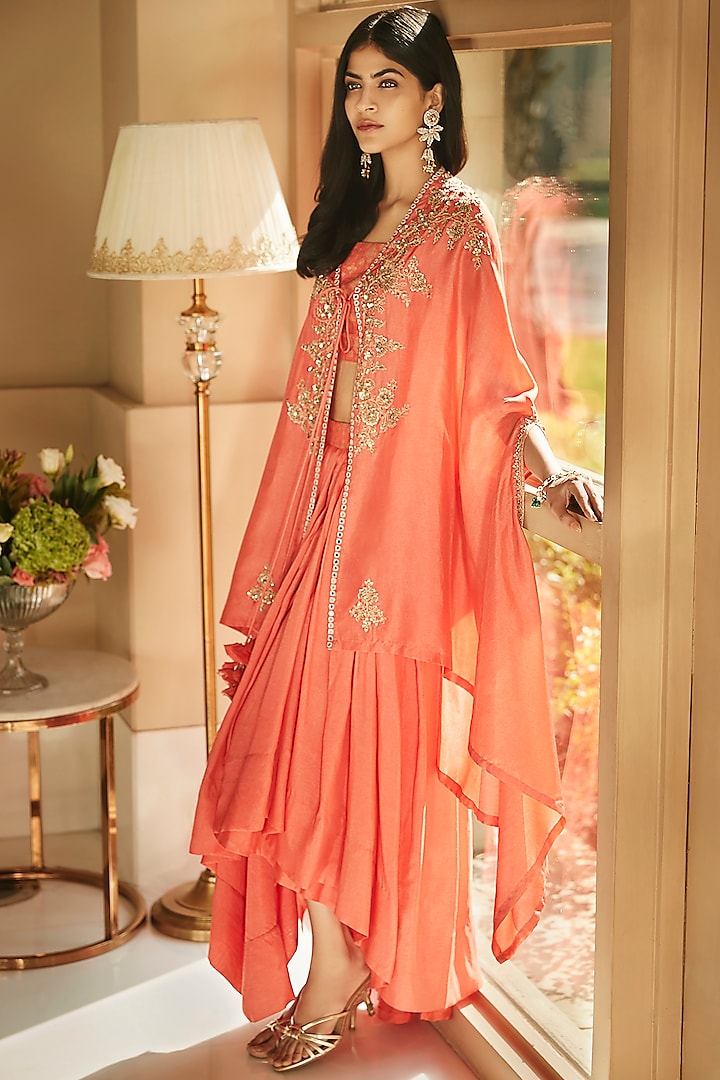 Hibiscus Coral Hand Embroidered Cape Set by Matsya